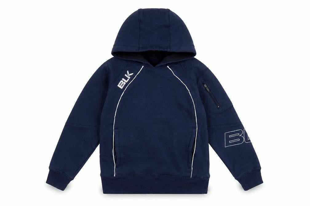 Front view of BLK boys’ navy blue hooded pullover sweatshirt, size 10, years cotton blend