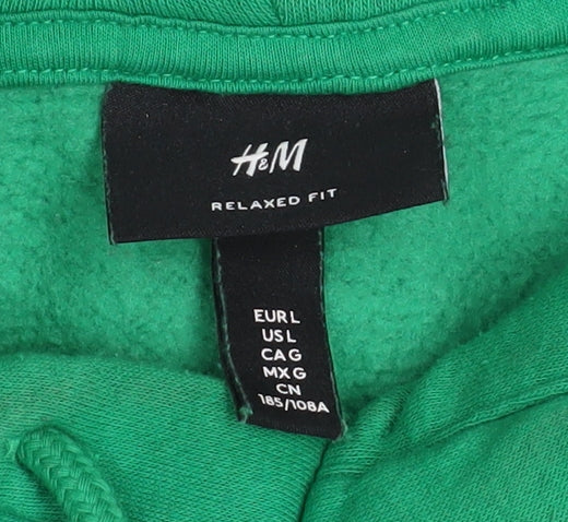 H&M Men’s Green Relaxed Fit Pullover Hoodie L Graphic Sports Style