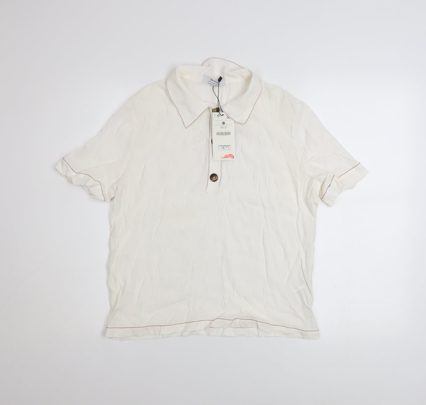 Bershka Women's Ivory Short Sleeve Collared Button-Up Top M