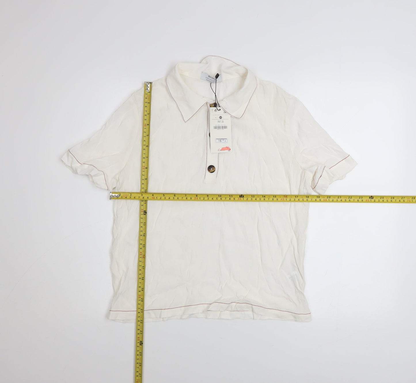 Bershka Women's Ivory Short Sleeve Collared Button-Up Top M