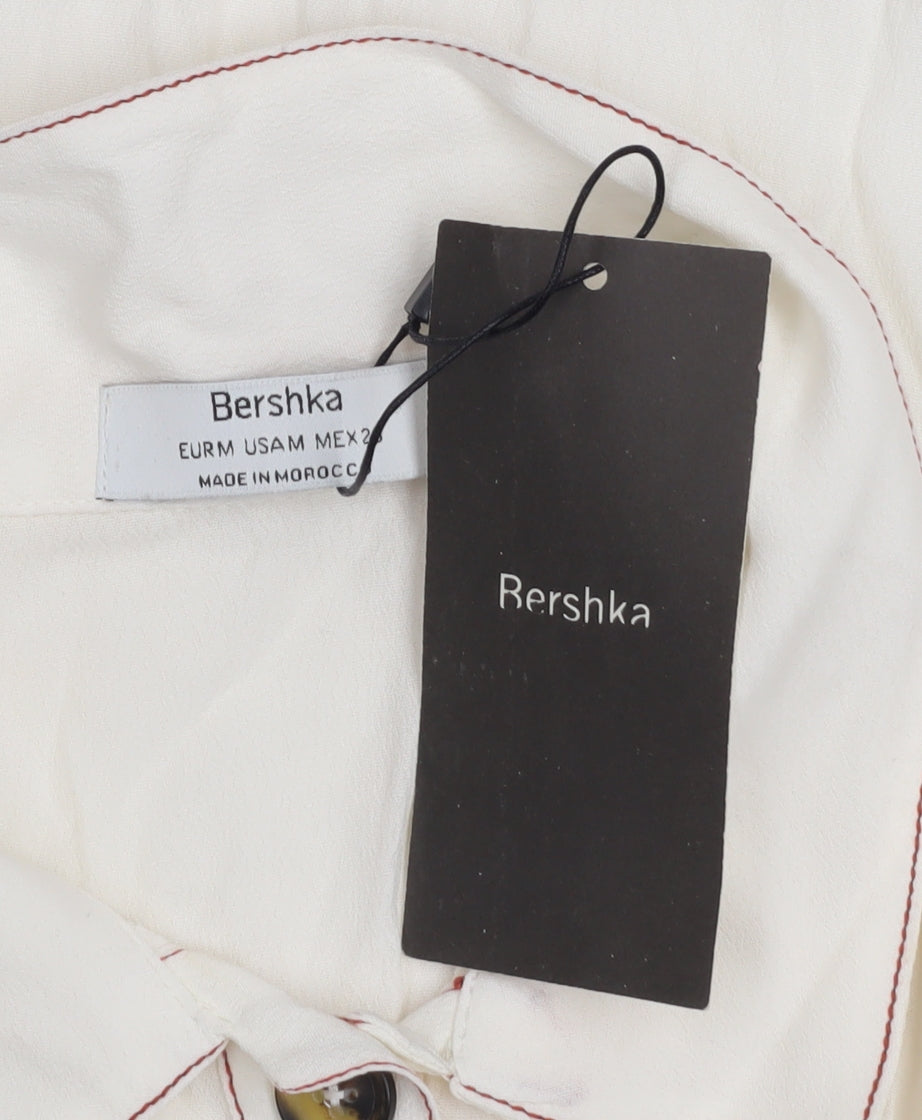 Bershka Women's Ivory Short Sleeve Collared Button-Up Top M