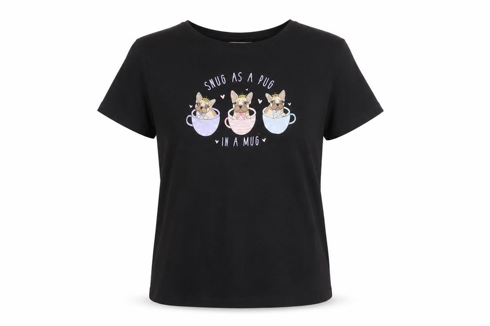 Front view of Lipsy girls’ black 'snug as a pug' graphic cotton t-shirt 13-14 years