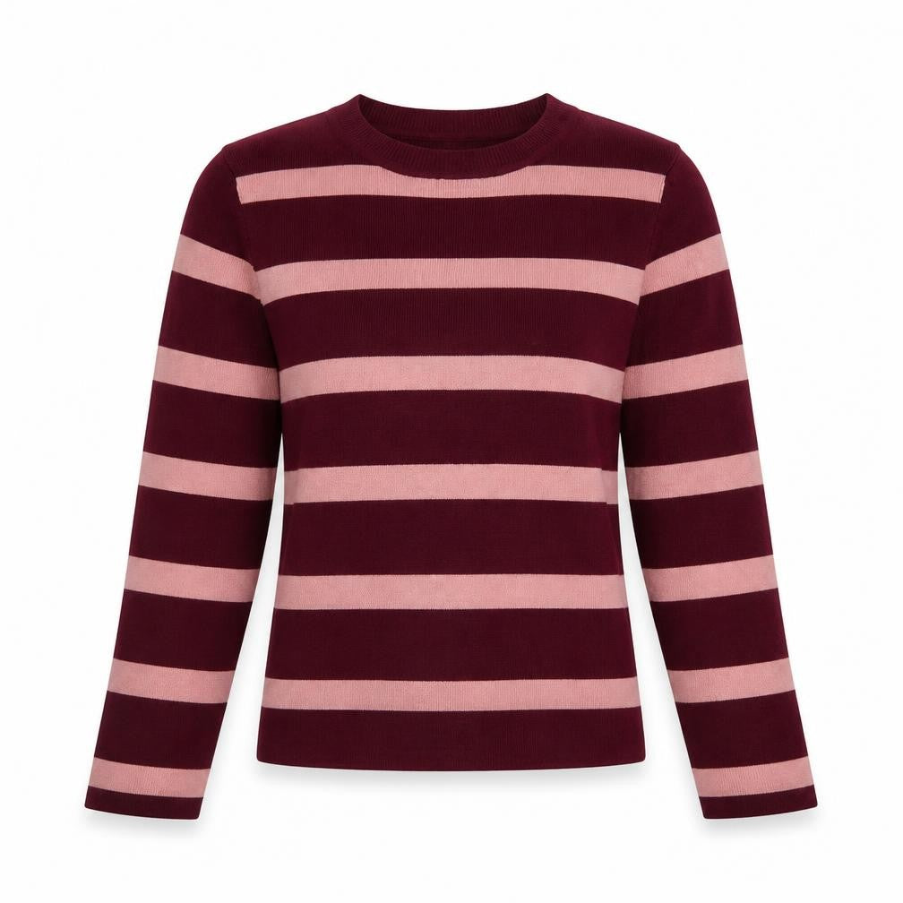 Front view of Easy Wear Women's Burgundy Pink Striped Pullover Sweatshirt, size S