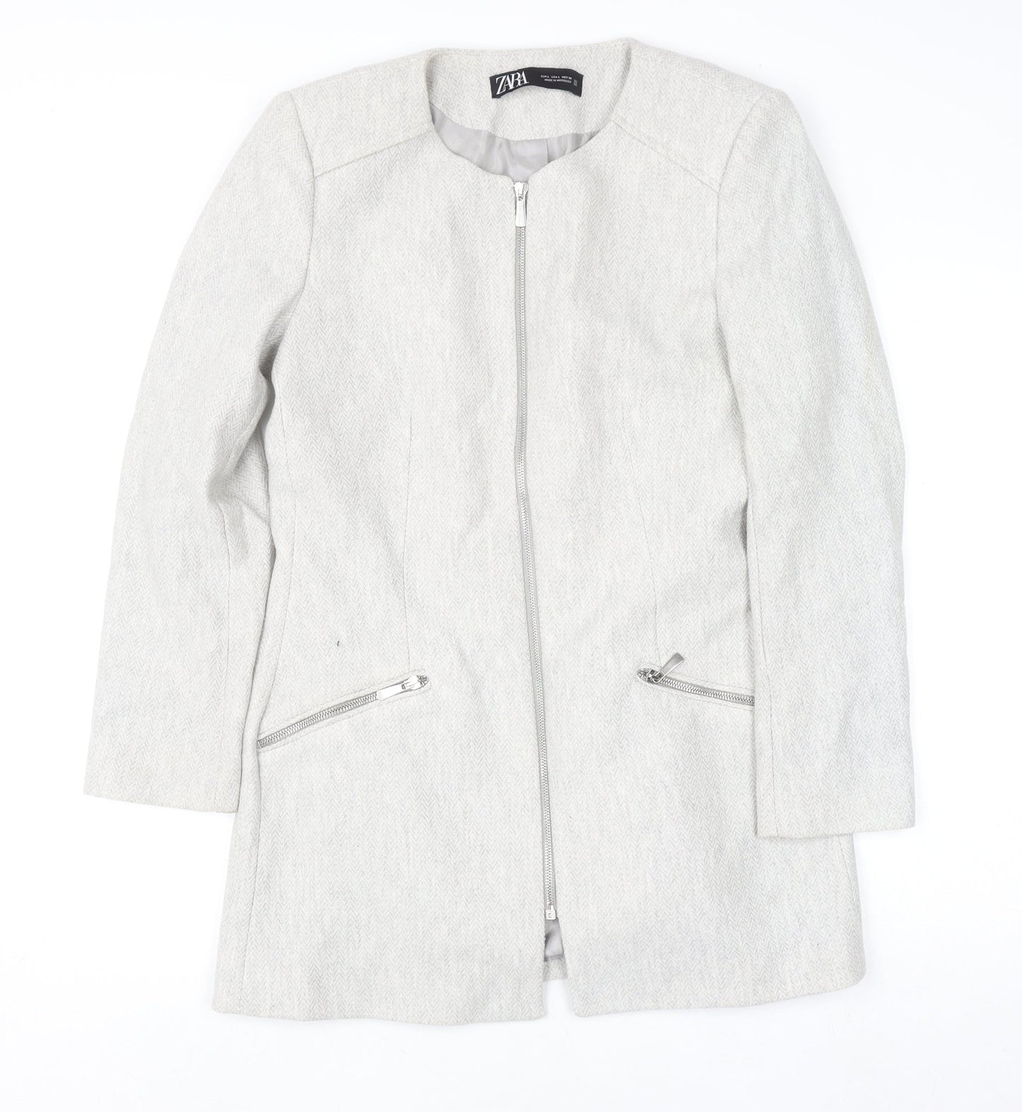 Zara Women Grey Wool Blend Long Zip Coat Size 12 Classic Style
