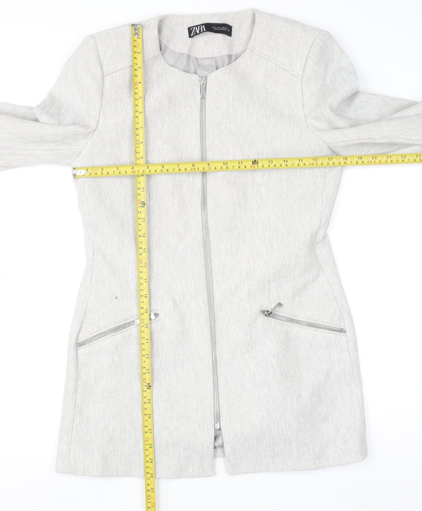Zara Women Grey Wool Blend Long Zip Coat Size 12 Classic Style