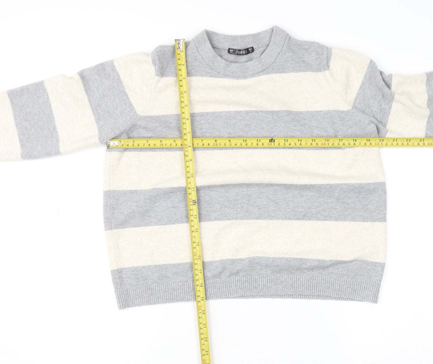 Dunnes Women’s Grey & Cream Striped Pullover Jumper Size L Wool Blend