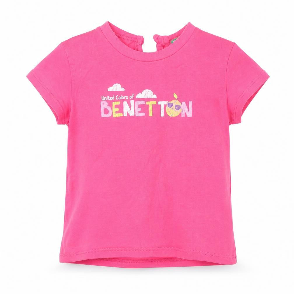 Front view of United Colors of Benetton girls’ pink short sleeve cotton logo t-shirt 12-18 months