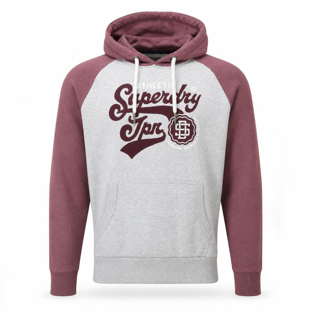 Superdry Men's Grey Burgundy Pullover Hoodie Size M Graphic Sweatshirt