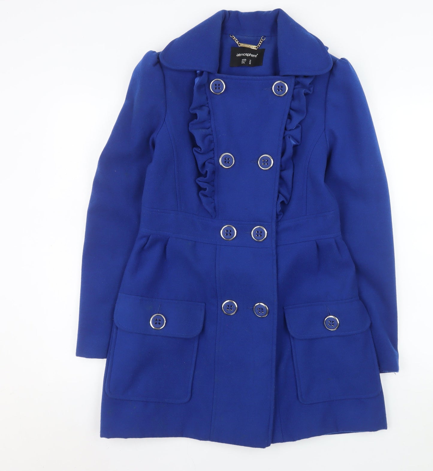 Atmosphere Women's Blue Ruffle Button Coat Size 10 Double-Breasted