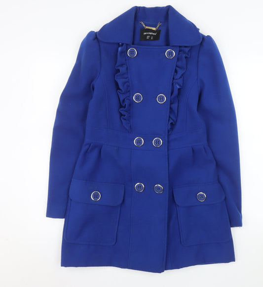 Atmosphere Women's Blue Ruffle Button Coat Size 10 Double-Breasted