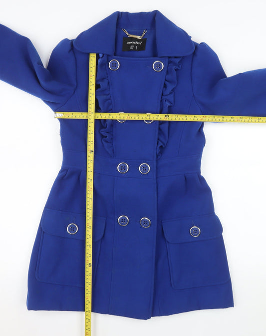 Atmosphere Women's Blue Ruffle Button Coat Size 10 Double-Breasted