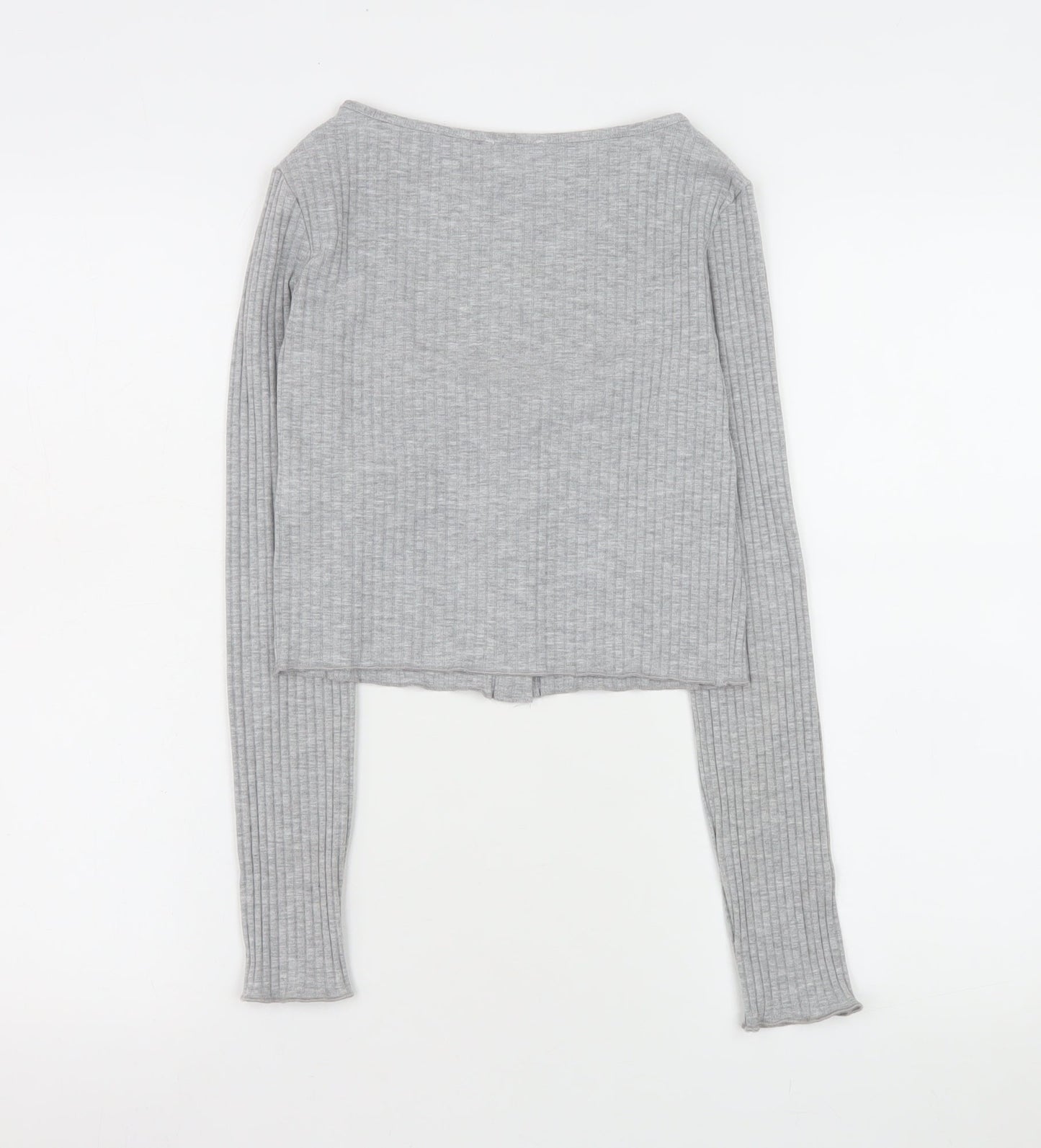 Pull&Bear Women Grey Cropped Ribbed Button-Up Long Sleeve Top Size 12