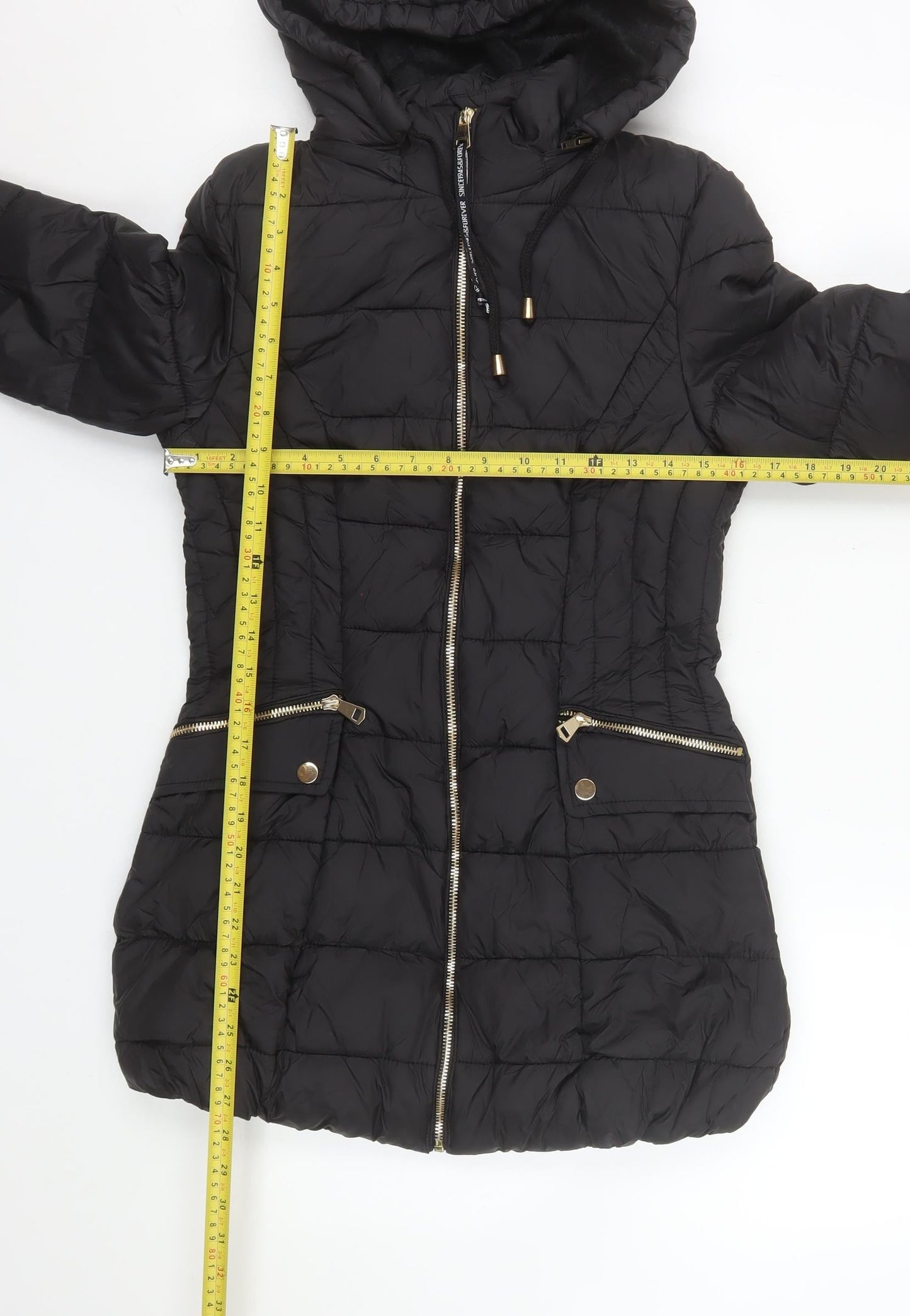 ELLE Women's Black Size 8 Hooded Puffer Jacket Mid Length