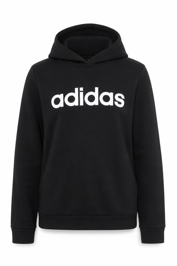 Front view of Adidas women’s black pullover hoodie, size S, 8-10 cotton blend