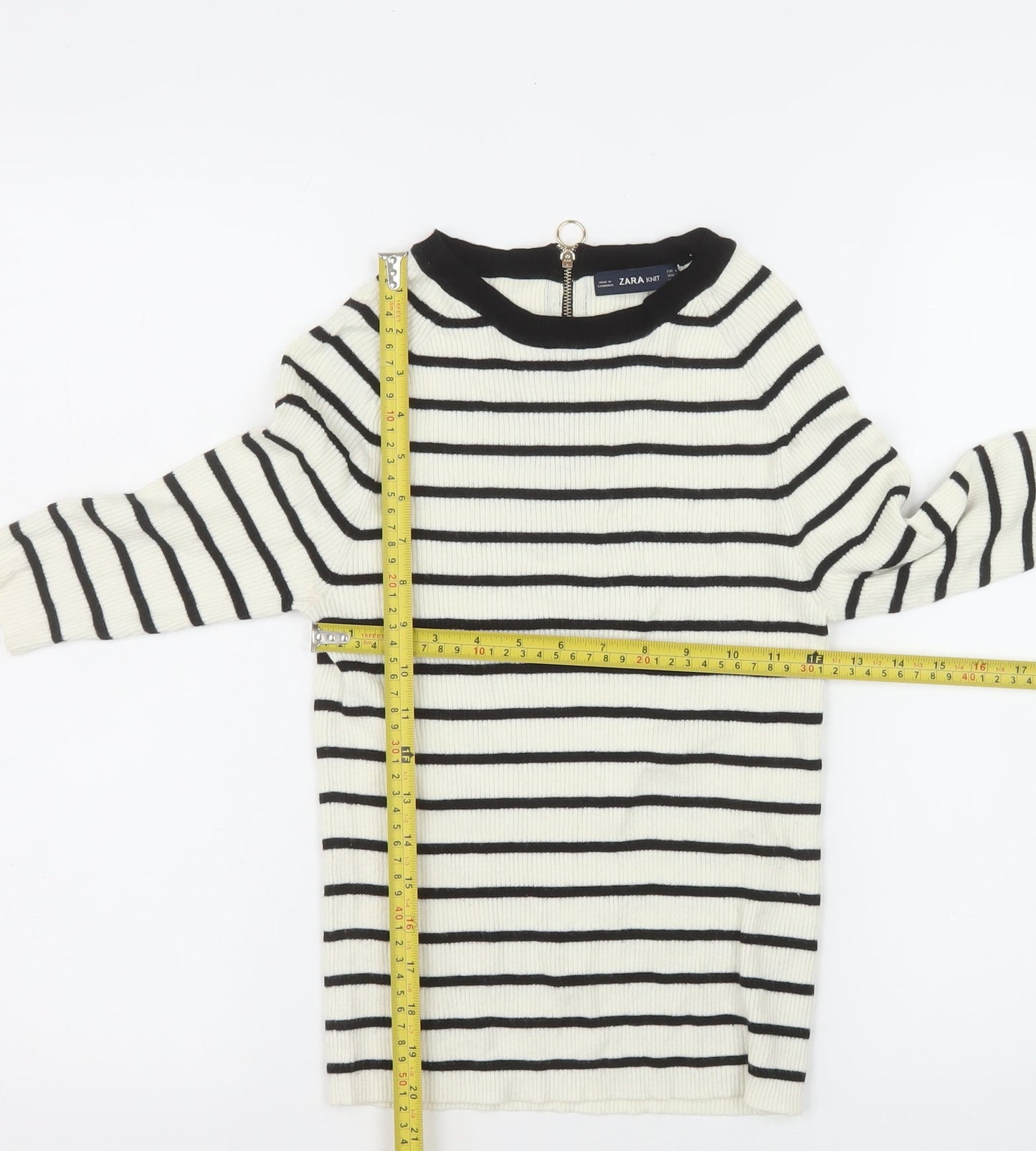 Zara Women Ivory Black Striped Knit Pullover Jumper Size M 12
