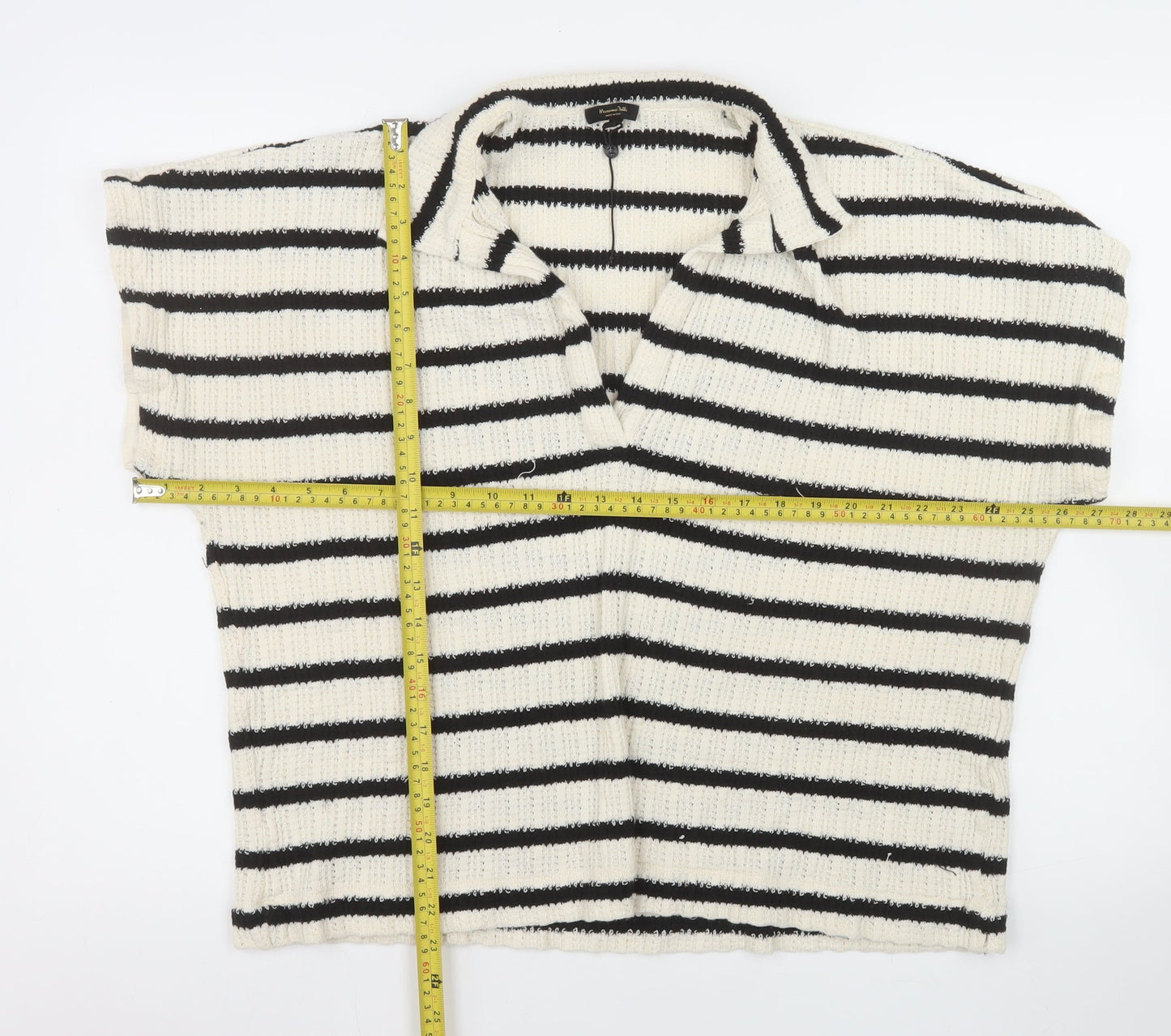 Massimo Dutti Men Black & White Striped Knit Collared L Pullover Jumper
