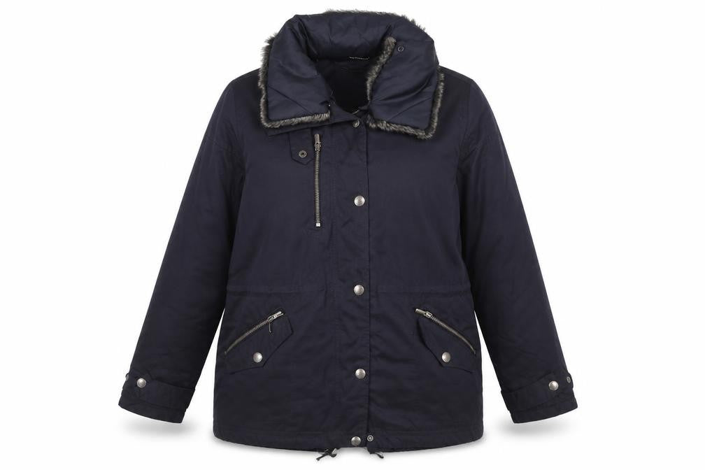 RJR.John Rocha Women's Blue Parka Jacket UK 16 Fur Trim Lined Mid-Length