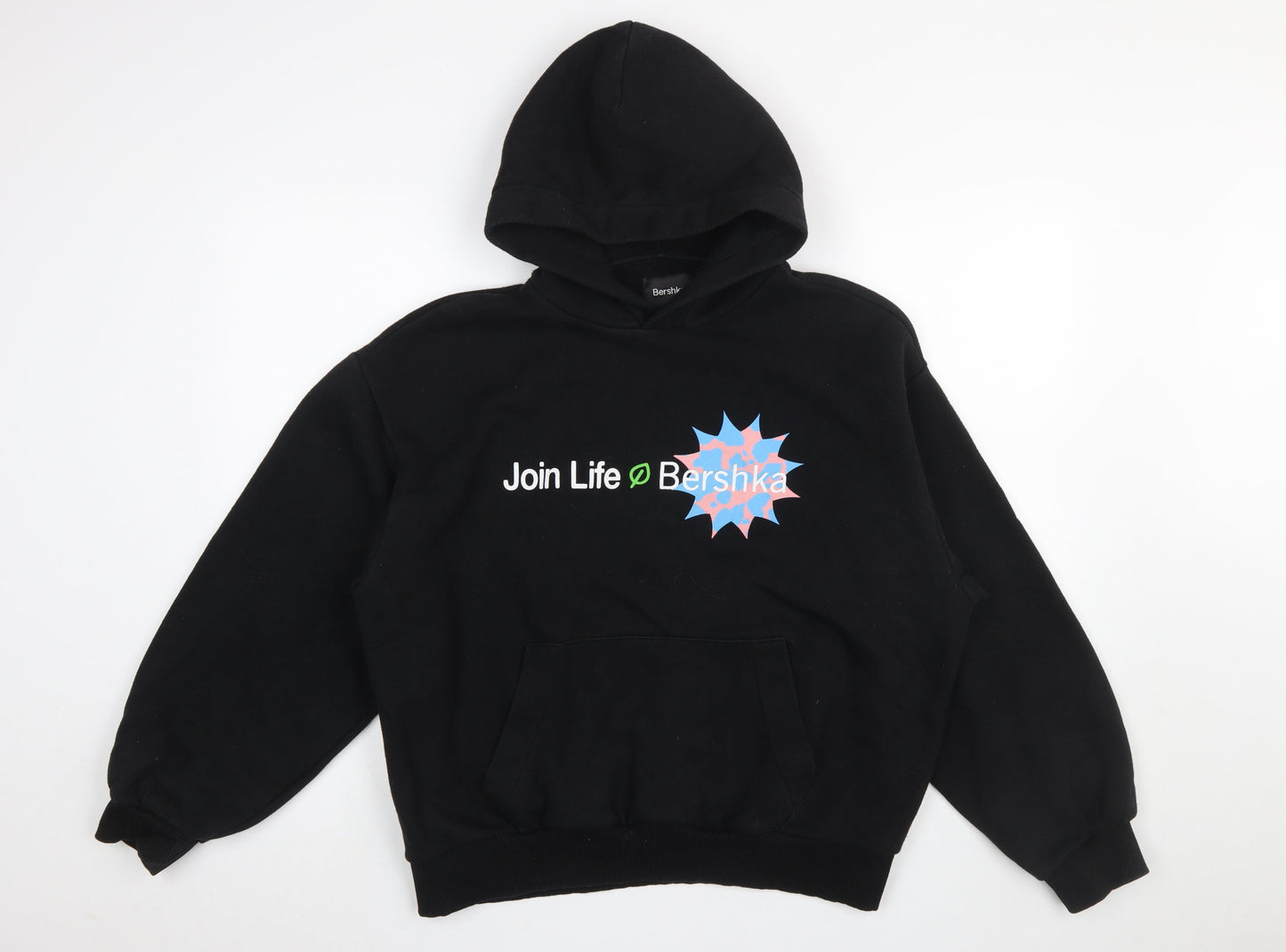 Bershka Women Black Small Pullover Hoodie Join Life Graphic Cotton Blend