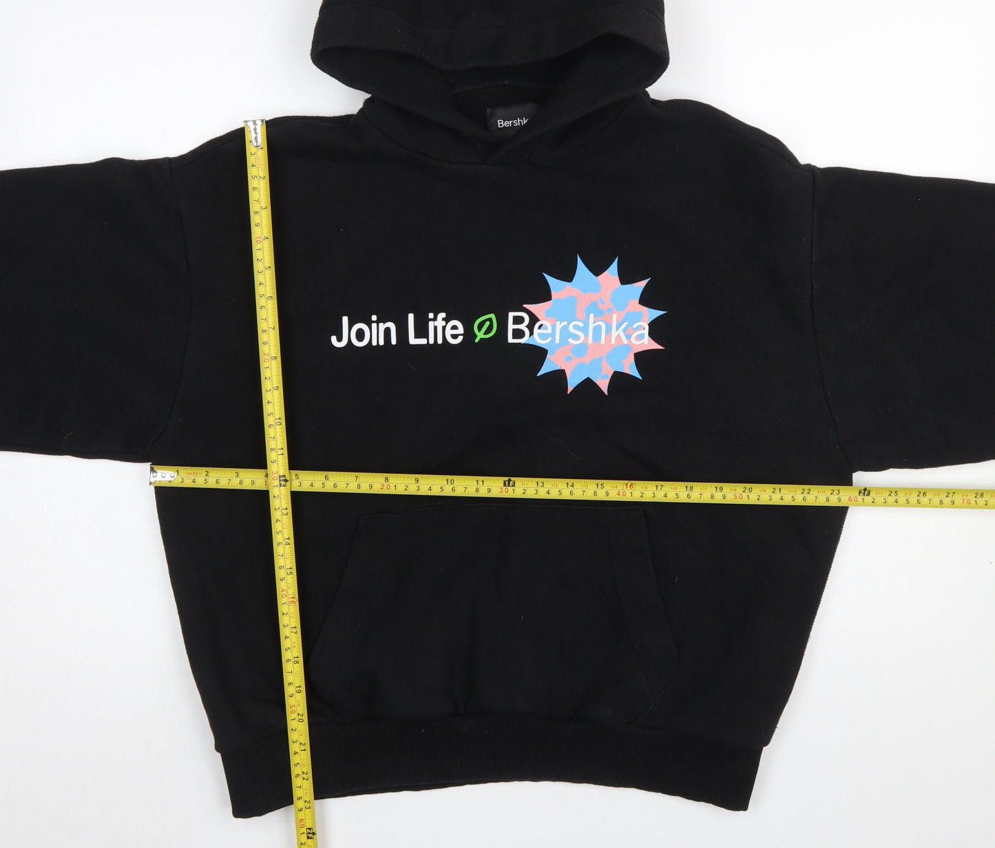 Bershka Women Black Small Pullover Hoodie Join Life Graphic Cotton Blend