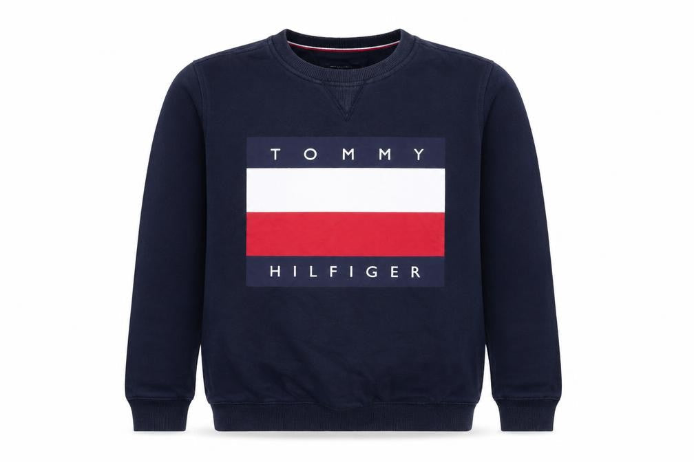 Front view of Tommy Hilfiger boys’ blue logo pullover sweatshirt 12-14 years