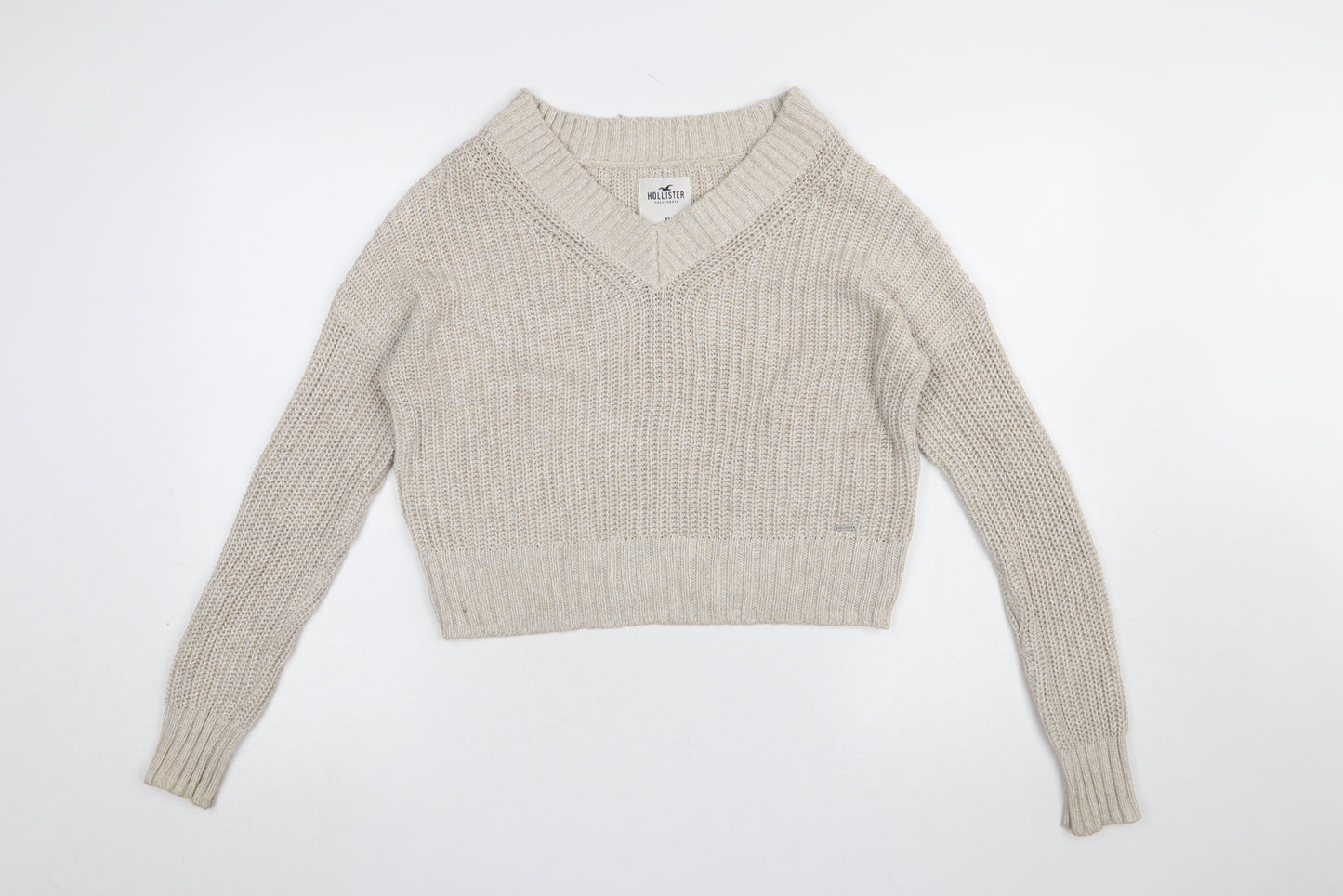 Hollister Women Beige Chunky-Knit V-Neck Pullover Jumper XS