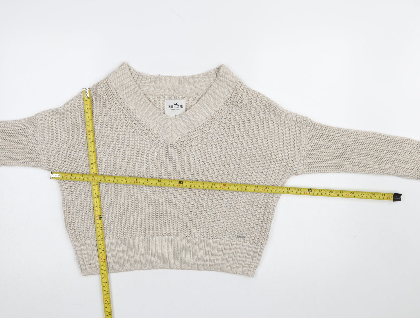 Hollister Women Beige Chunky-Knit V-Neck Pullover Jumper XS