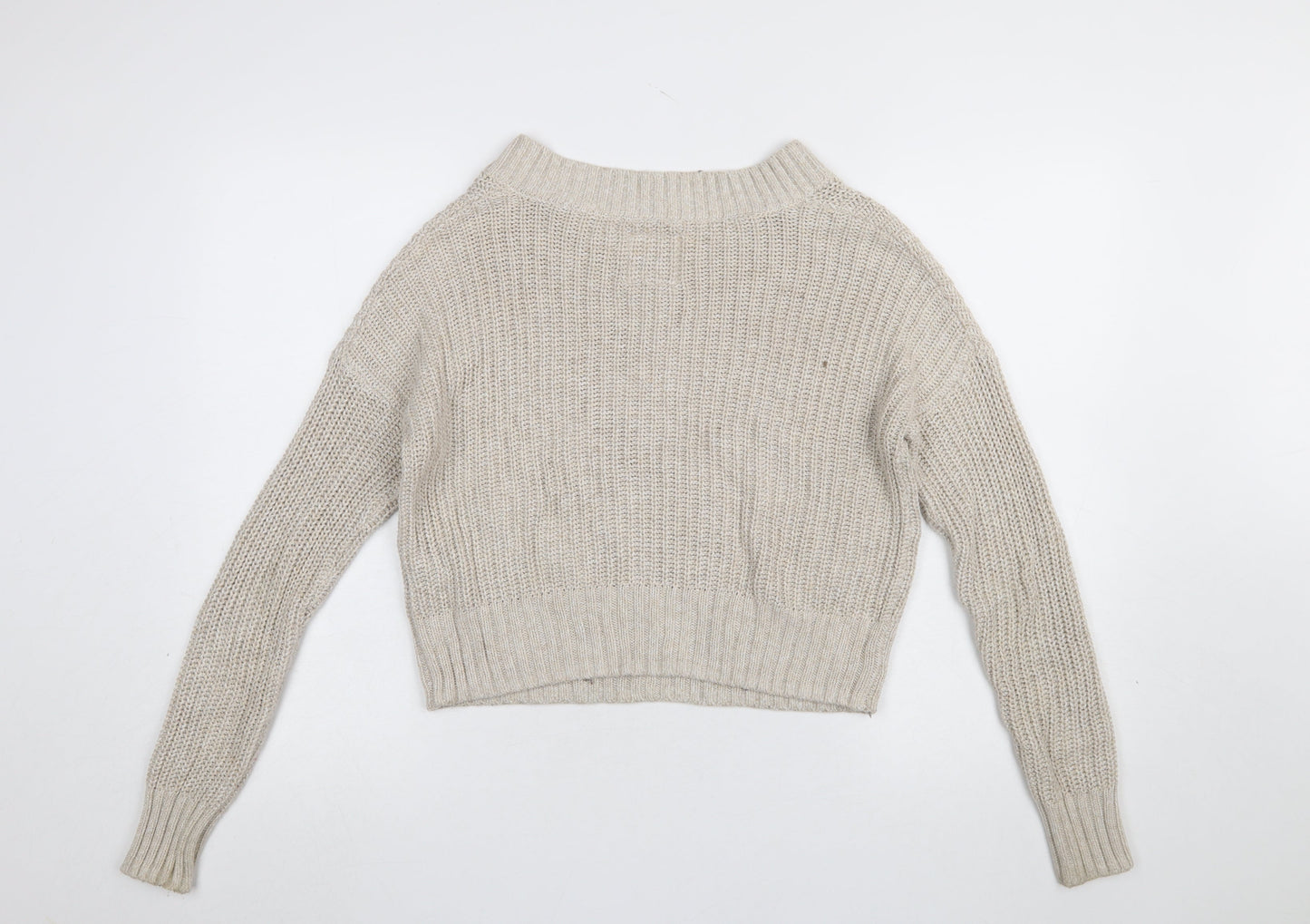 Hollister Women Beige Chunky-Knit V-Neck Pullover Jumper XS