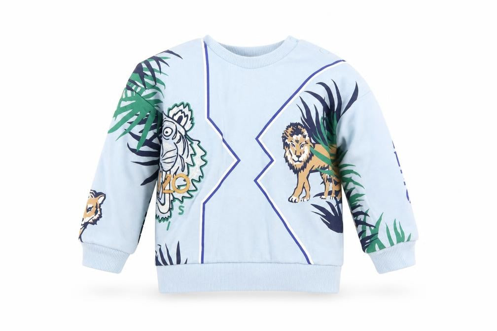 Front view of Kenzo Kids girls’ blue jungle animal print sweatshirt 2 years