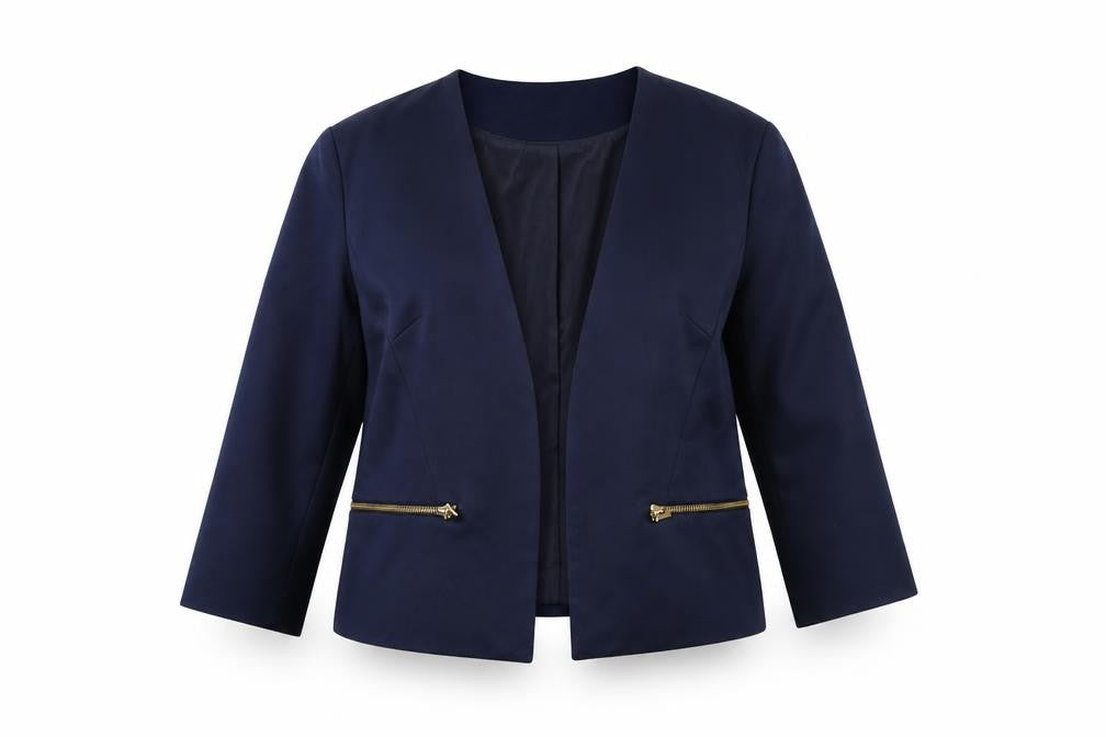 Front view of Atmosphere Women's Blue Cropped Shawl Blazer, size 18