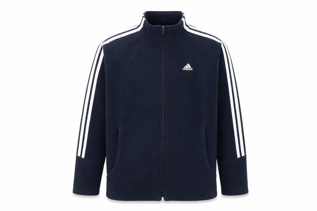 Front view of Adidas men’s navy full zip fleece sweatshirt, size S, classic sportswear