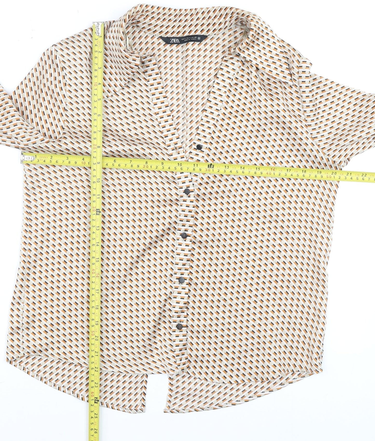 Zara Women Beige Geometric Button-Up Blouse Size S Long Sleeve