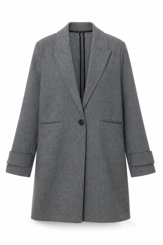 Front view of Gallery Women’s Grey Houndstooth Long Overcoat, size L