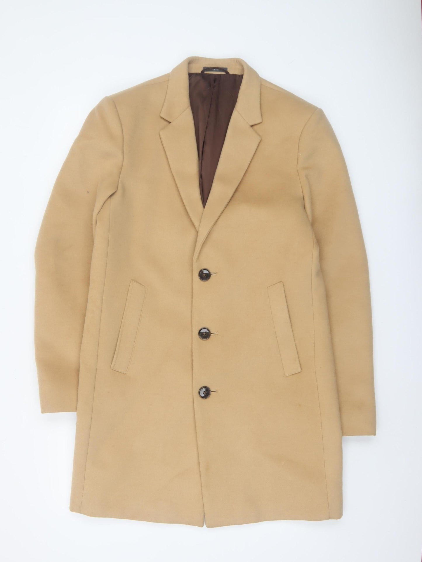 Primark Men's Beige Wool Blend Overcoat Medium Single Breasted Smart Jacket