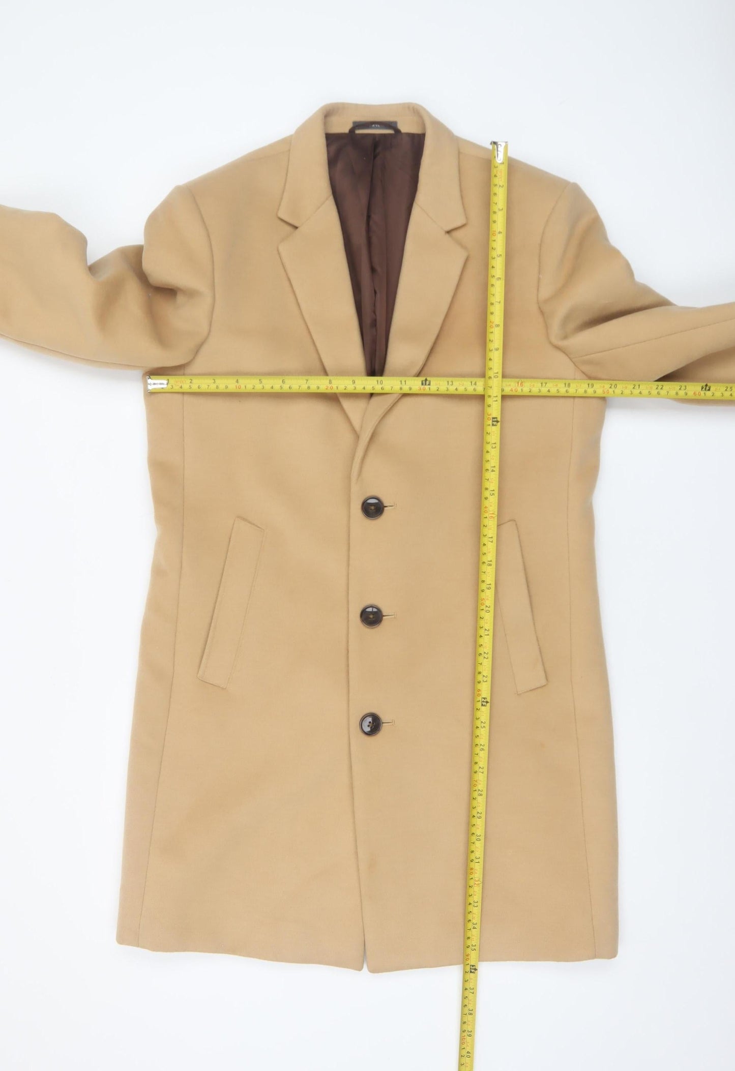 Primark Men's Beige Wool Blend Overcoat Medium Single Breasted Smart Jacket