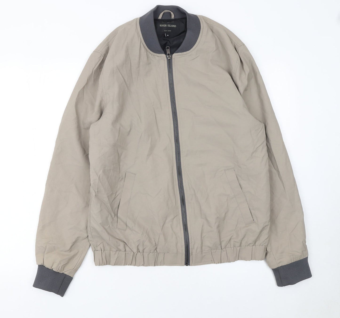 River Island Men's Beige Bomber Jacket M Cotton Nylon Full Zip