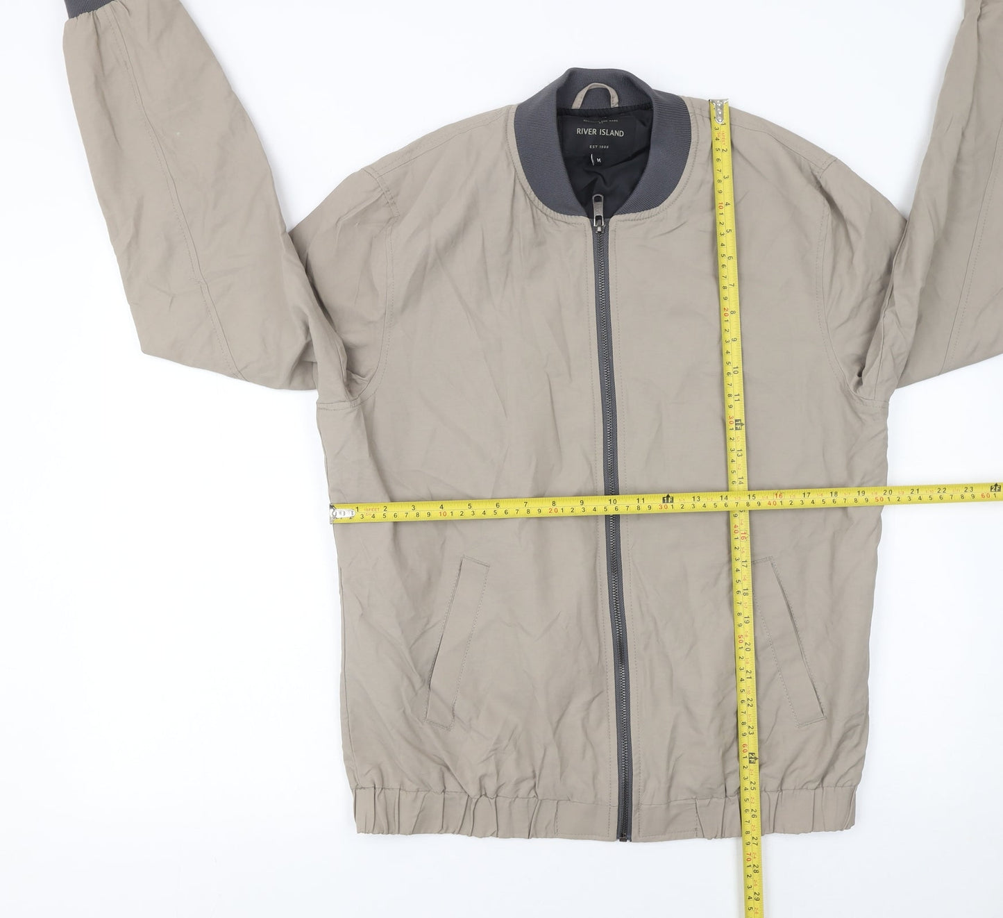 River Island Men's Beige Bomber Jacket M Cotton Nylon Full Zip