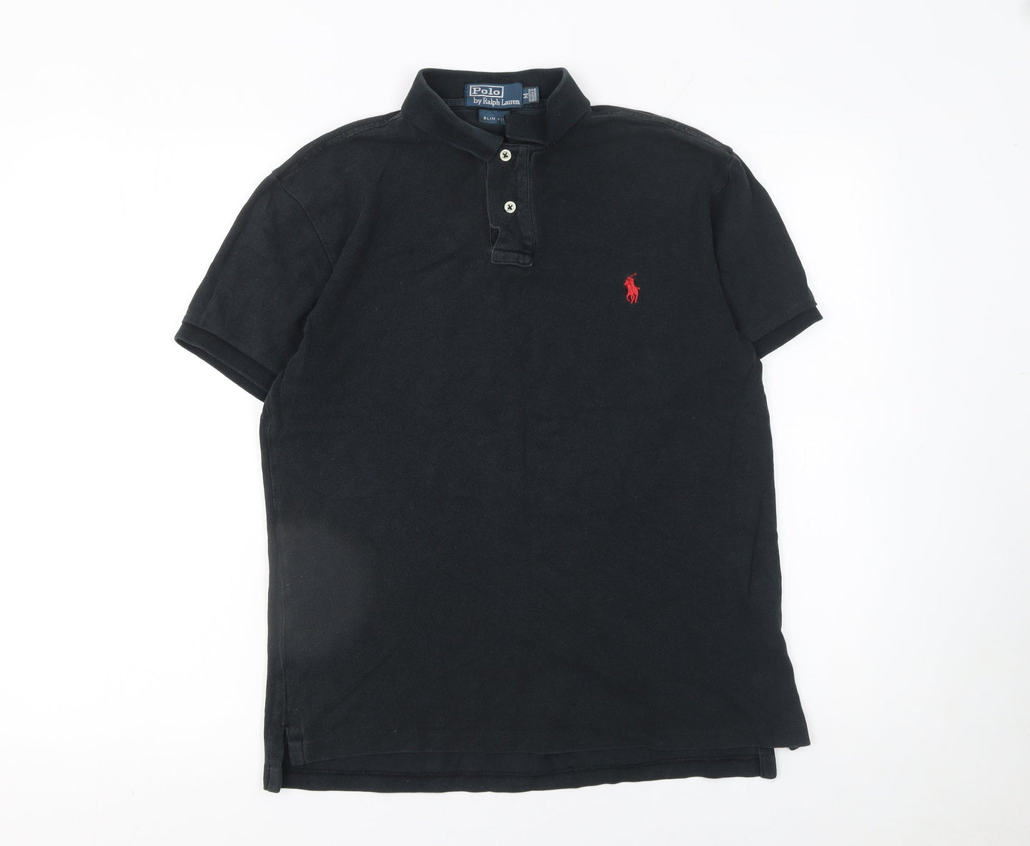 Ralph Lauren Men's Black Slim Fit Cotton Polo Shirt M Very Good