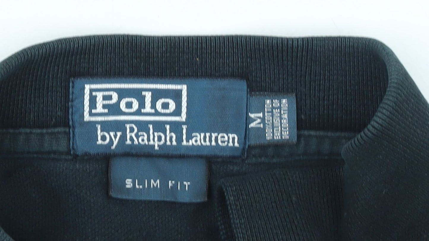 Ralph Lauren Men's Black Slim Fit Cotton Polo Shirt M Very Good