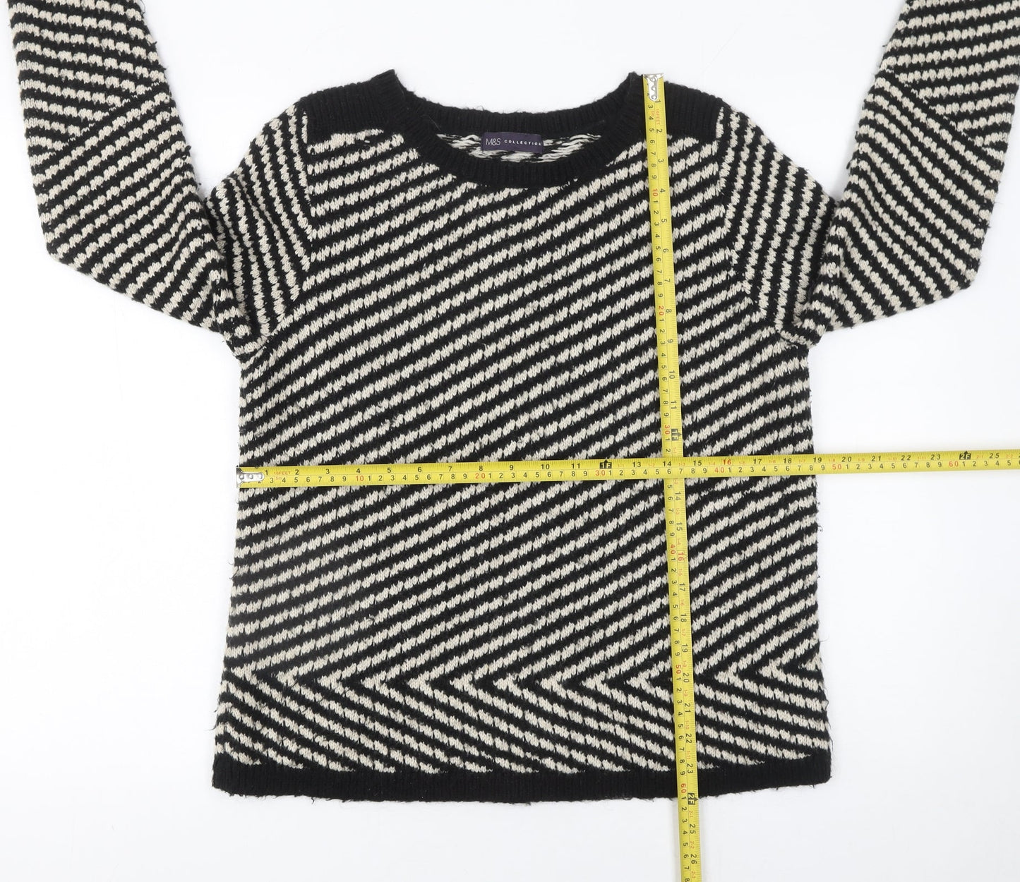 Marks and Spencer Women Black & White Striped Jumper Size 14 Mohair Blend