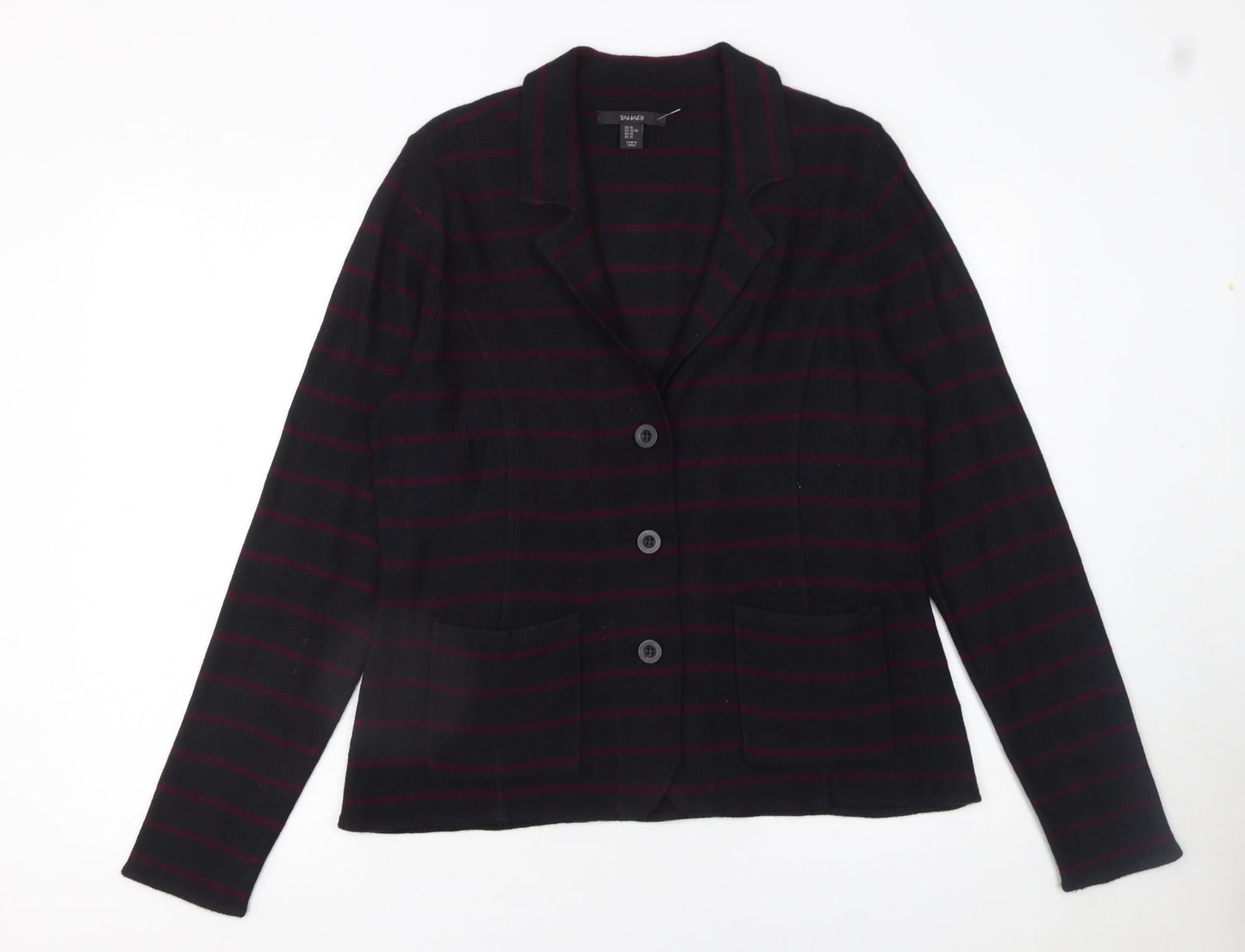 Tahari Women Black XL Striped Collared Button Knit Cardigan