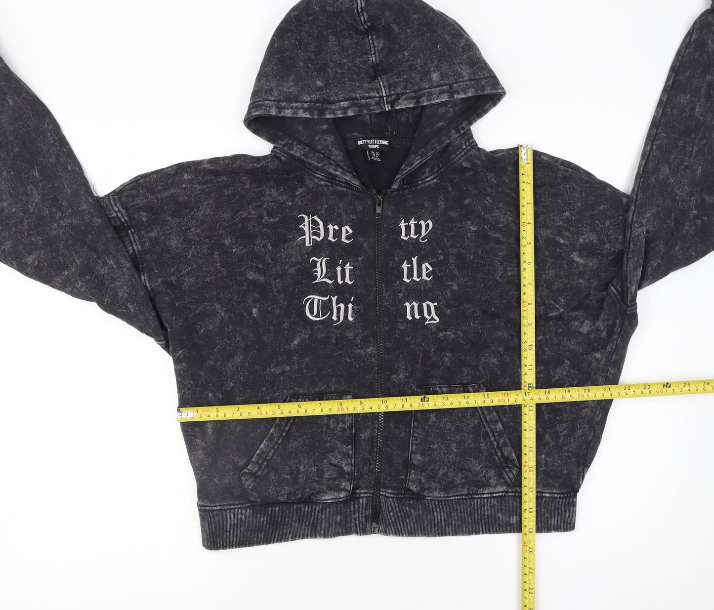 PrettyLittleThing Women Black Acid Wash Full Zip Hoodie UK 16 100% Cotton