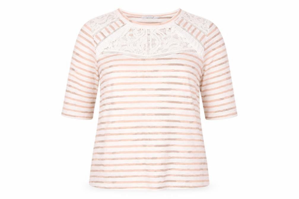 Marks and Spencer Women Beige Striped Lace 3/4 Sleeve T-Shirt Size 12