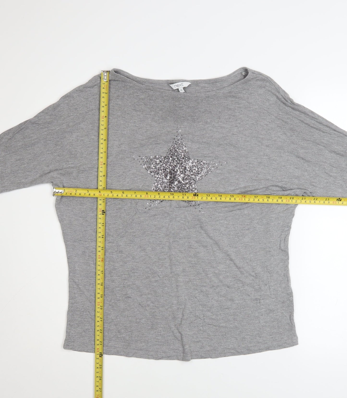 Next Women’s Grey Sequin Star Long Sleeve Viscose Top UK 12