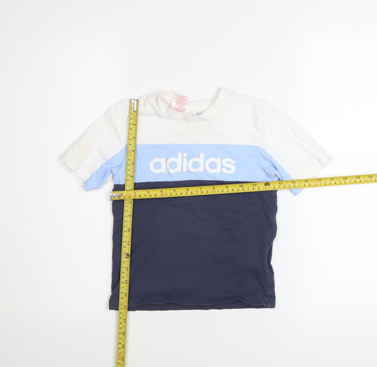 Adidas Boys White Blue Navy Logo Colourblock Cotton T-Shirt 6-7 Years