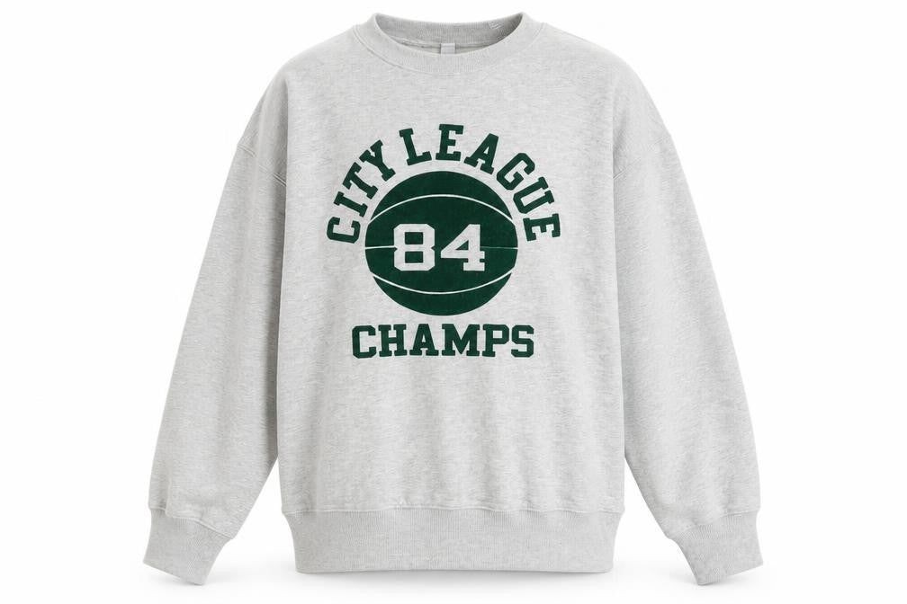 Front view of Uniqlo boys’ grey city league champs pullover sweatshirt 13 years
