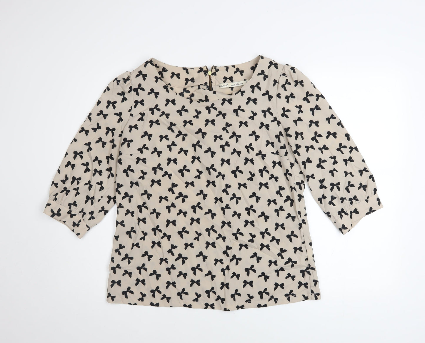 Next Women Beige Black Bow Print 3/4 Sleeve Polyester Blouse Size 12