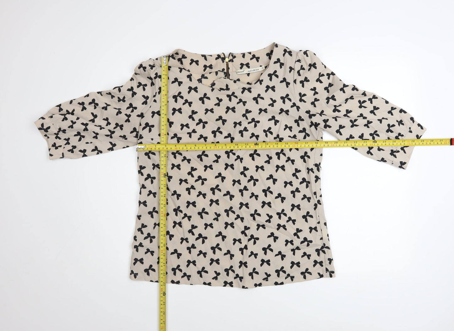 Next Women Beige Black Bow Print 3/4 Sleeve Polyester Blouse Size 12