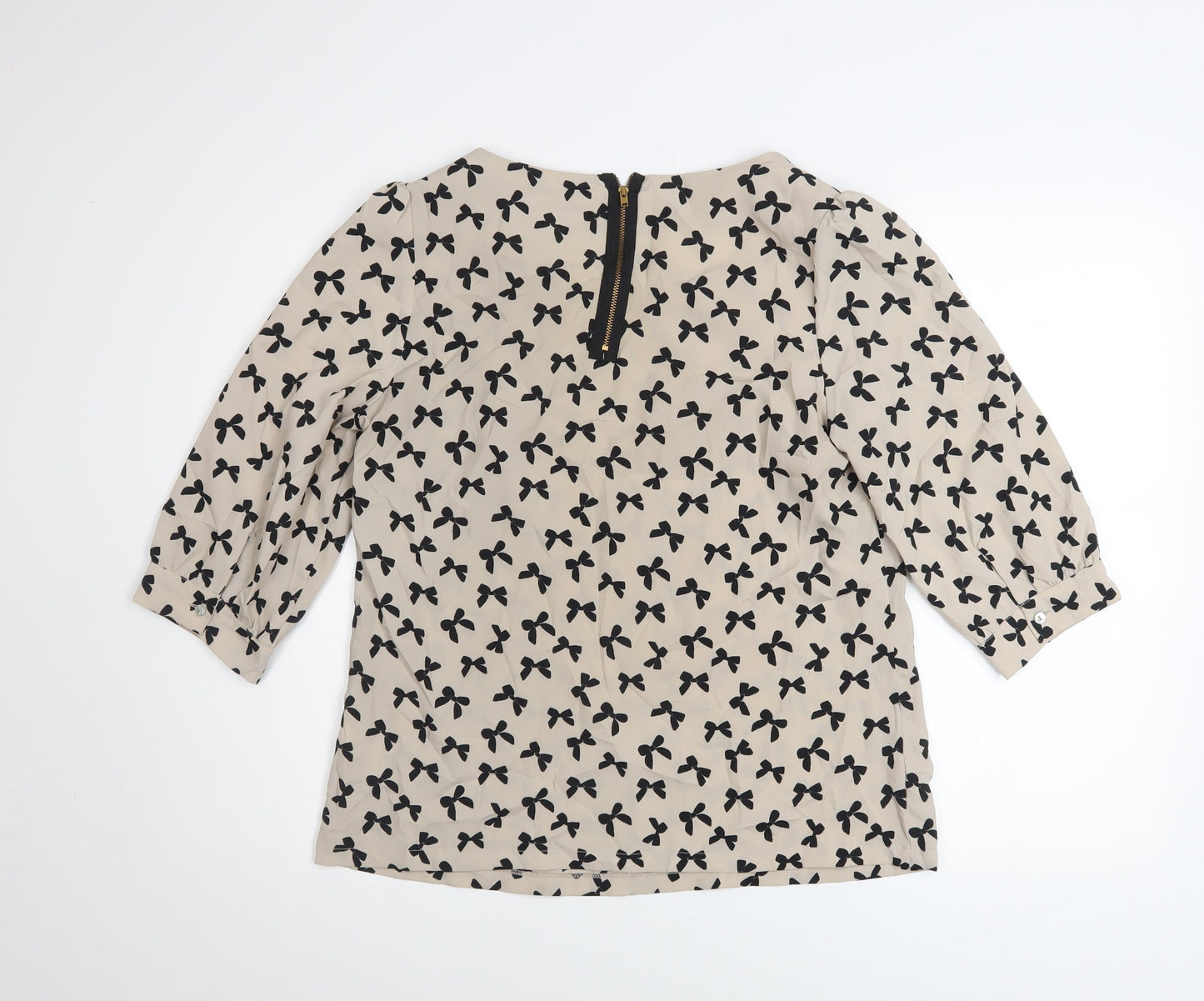 Next Women Beige Black Bow Print 3/4 Sleeve Polyester Blouse Size 12