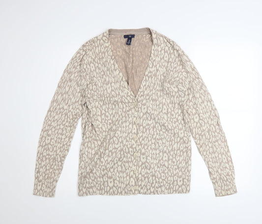 Gap Womens Beige Animal Print Cotton V-Neck Cardigan M