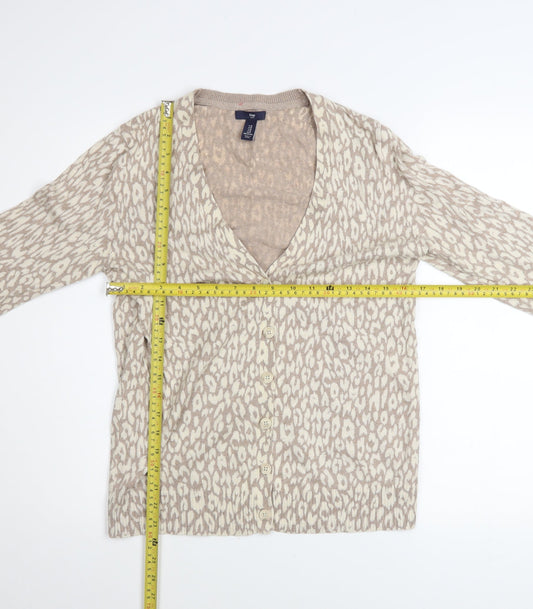 Gap Womens Beige Animal Print Cotton V-Neck Cardigan M
